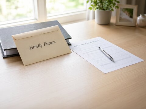 Documentos sobre futuro familiar y contrato de seguros en una mesa