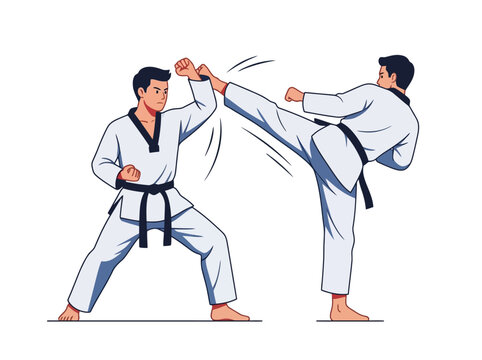 Two martial artists in white uniforms sparring with a high kick.
