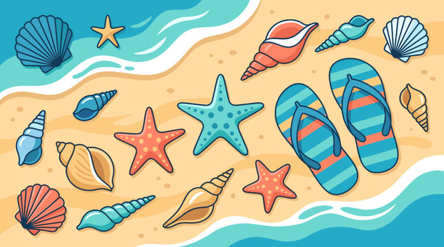 Colorful seashells starfish and flip flops on sandy beach shoreline