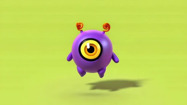 A cute, round, purple one-eyed cartoon monster with curly antennae floating on a vibrant green background.