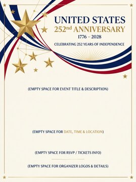 United States 252nd Anniversary invitation template, patriotic 1776-2028 independence celebration flyer, gold stars and red blue ribbons