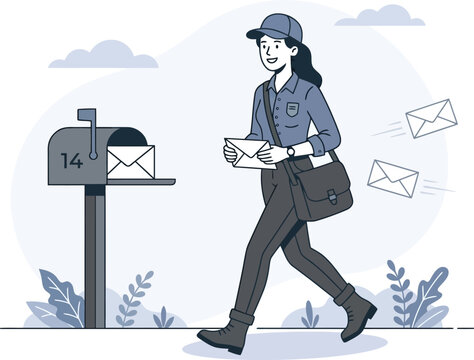 Friendly female mail carrier delivering letters in a flat vector illustration