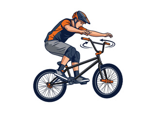 Fototapeta premium A BMX rider performing a barspin trick in mid-air.