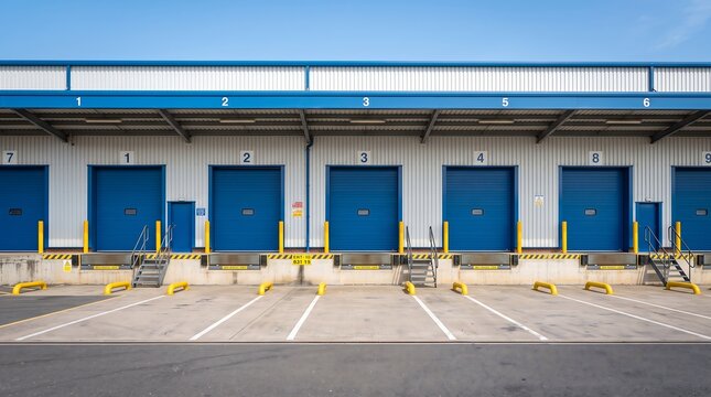 A modern industrial warehouse facade featuring a row of numbered blue loading dock doors, white corrugated siding, and marked parking spaces under a clear blue sky.