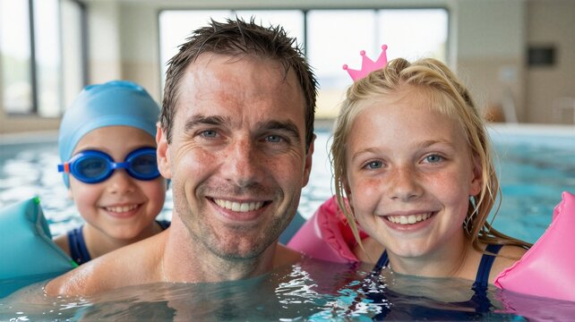 Smiling father with two children wearing swim caps goggles and inflatable armbands in indoor swimming pool