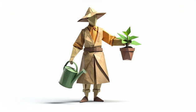 Origami gardener character holding a potted plant and watering can, papercraft design isolated on white background