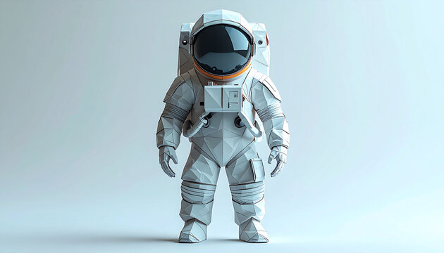 A minimal low poly astronaut figure standing isolated against a clean white background for futuristic space exploration design