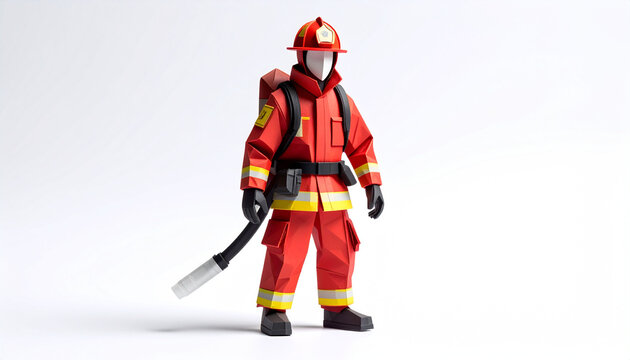 3D render of a low-poly firefighter figure in red protective uniform with a helmet and hose isolated on a white background