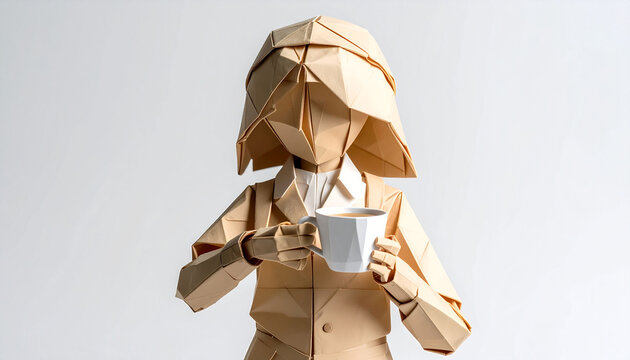 Origami Woman Figure Holding a Coffee Cup Made of Brown Craft Paper on a White Background