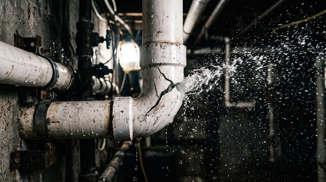 Water spraying from a burst and cracked plastic pipe in a basement with plumbing flooding emergency basement maintenance drainage fracture industrial pipework pressure moisture residential