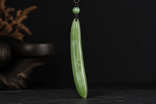 A slender green jade pendant shaped like a silique on a dark background.