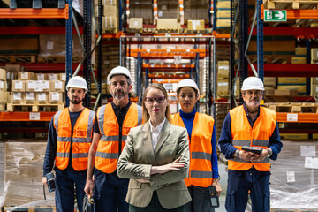 Obraz premium Logistics manager with arms crossed leading a diverse team of warehouse workers and supervisors in a distribution center