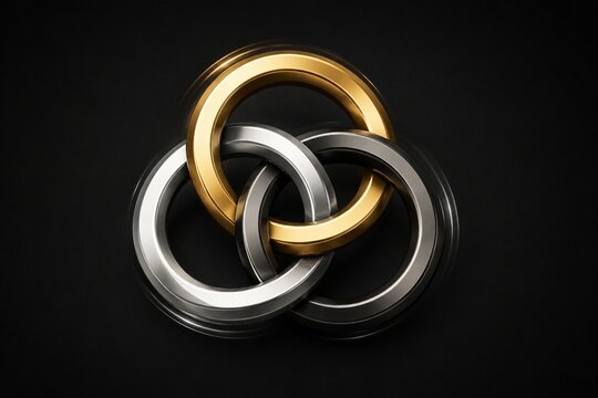 Three interlocking, continuously rotating rings on a dark background, symbolizing perpetual motion.