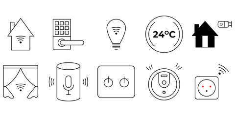 Fototapeta premium Smart Home and Internet of Things IoT Technology Vector Icon Set. 