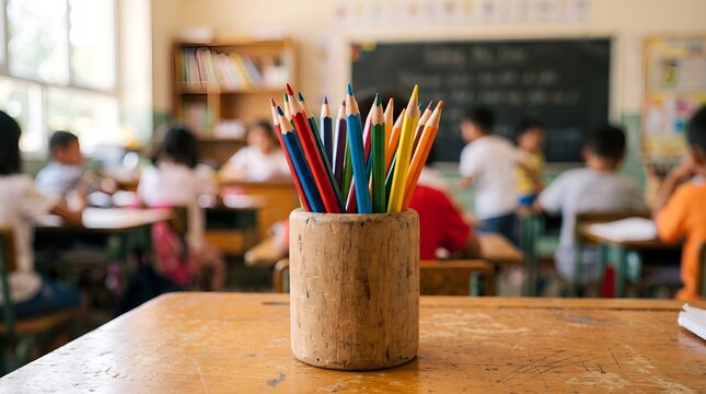 Colored pencils arranged in a wooden holder sit on a student desk inside a busy classroom with blurred children.