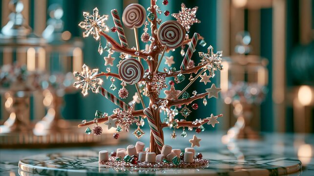 Decorative Christmas Candy Tree Adorned with Lollipops Candy Canes and Crystal Snowflakes on Marble Counter.