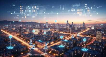 Obraz premium Futuristic Smart Cityscape with Digital Network Overlay at Dusk, Advanced Technology and Connectivity Concept