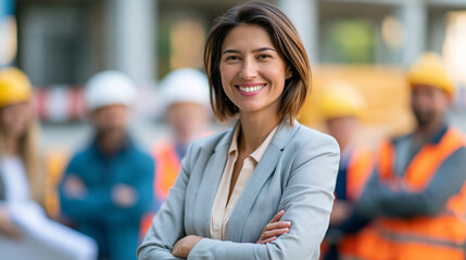 Obraz premium Smiling female architect standing with arms crossed in front of her defocused construction team, women in construction, leadership, teamwork, with copy space