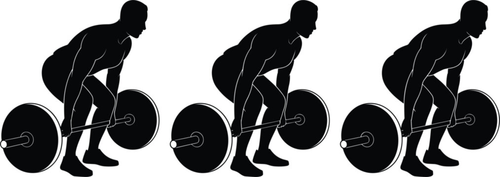 Man doing deadlift barbell exercise step silhouette collection, weightlifting gym workout vector illustration isolated