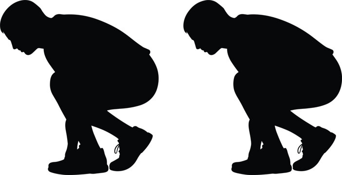 Man crouching in deep squat exercise posture silhouette set, fitness workout training vector illustration isolated