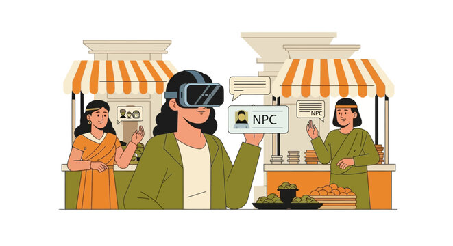 Virtual Reality Metaverse Experience Exploring Ancient Marketplace with NPCs Flat Illustration