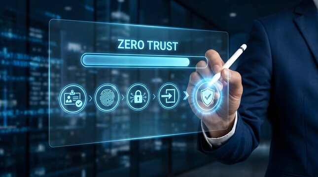 zero trust network access tracking. interactive digital interface using stylus on virtual screen. corporate cybersecurity authentication management. modern business data protection strategy success.