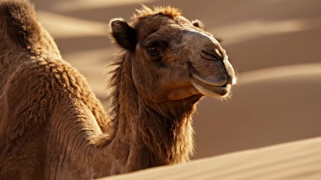 A curious dromedary camel stands amidst the vast golden sand dunes of the Arabian desert while the warm afternoon sunlight illuminates the textured fur and soft facial features of the friendly