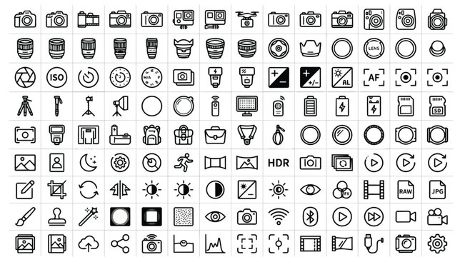 Photography line icons set, 120 camera and video equipment vector symbols, professional digital imaging and studio gear outline graphics for UI design