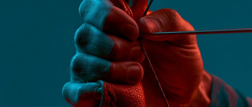Hand grips thin wire against vivid blue and red backdrop. 64k 8k widescreen, HDR