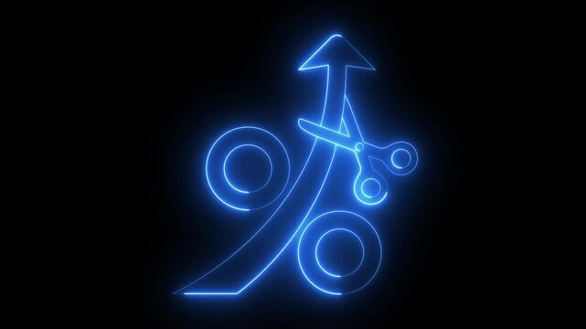 Glowing neon Scissors cutting percentage sign for price reduction icon isolated on black background. Price, cost reduction or price reduction concept. 4K Video animation.