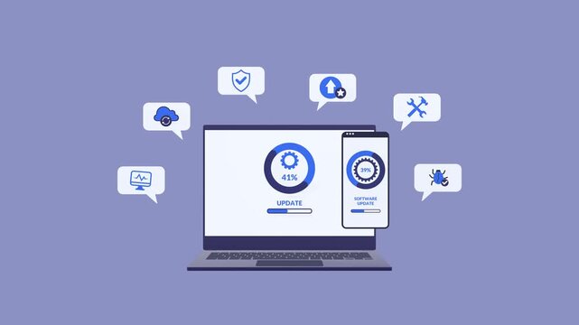 Digital software update and system upgrade animation showing loading progress, system improvement, program enhancement, and modern technology development concept.