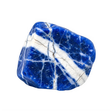 Polished blue sodalite gemstone specimen on transparent background with sodalite mineral distinct