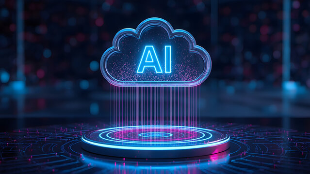 Artificial intelligence cloud computing icon on digital podium, glowing blue AI network symbol, futuristic data storage and machine learning concept