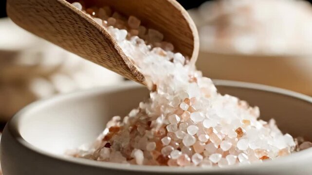 Pink Himalayan Salt Pouring from Wooden Scoop into Bowl 4K Video