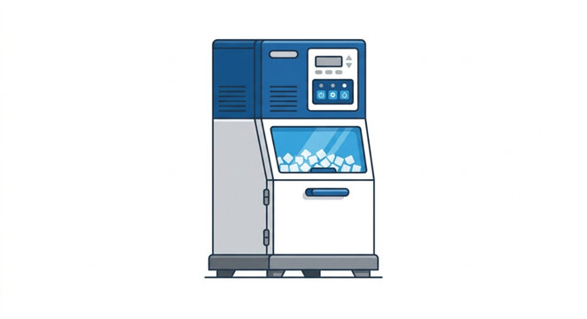 Commercial ice maker machine vector illustration with digital control panel and ice cubes inside storage bin isolated on white background
