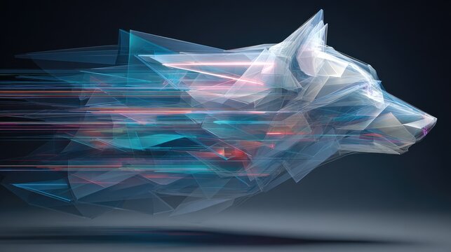 Abstract geometric wolf head with colorful light trails.