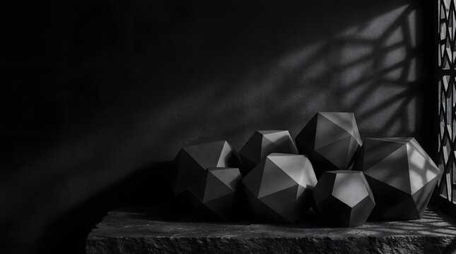 Geometric sculpture abstract art 3d render black and white low poly still life modern design shadow dark background minimalism, monochrome geometric polygon objects stone surface with dramatic
