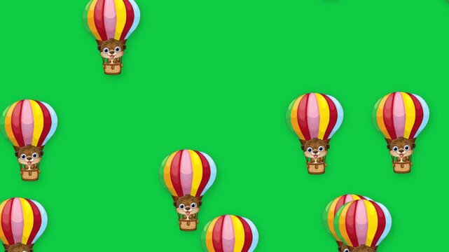 Cartoon Animal Characters Floating in Colorful Hot Air Balloons on Green Screen
