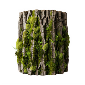 Textured tree stump covered in green moss on transparent background with ferns isolated transparent