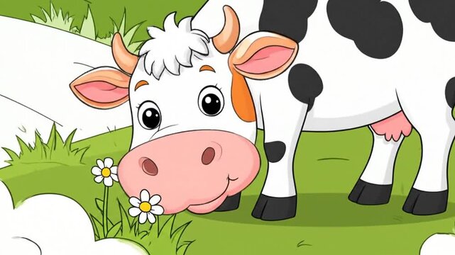 A cute cartoon cow stands in a bright green grassy field