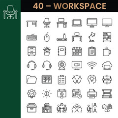Fototapeta premium Modern Workspace Line Icons Set, 40 Office Equipment and Remote Work Vector Symbols, Minimalist Business Stationery and Desk Accessory Graphics