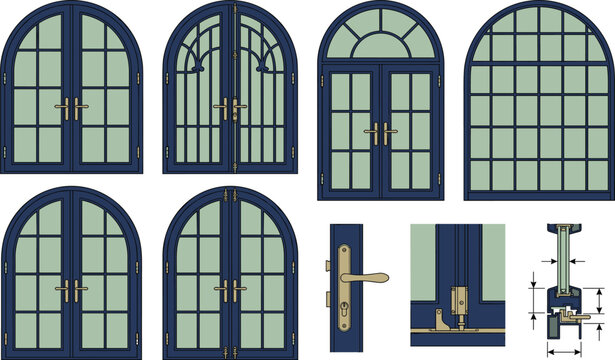 Architectural vector set of classic arched dark blue wooden double doors and matching windows with hardware details