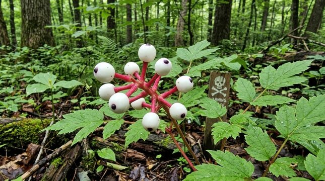 Aesthetic close up view of resilient white baneberry fruit capsule pods situated next to custom vintage warning sign tool