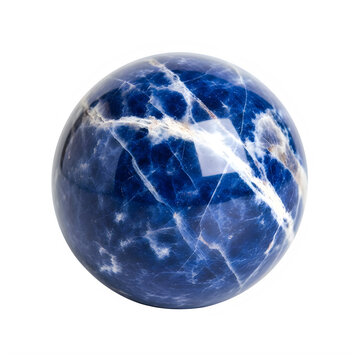 Polished sodalite mineral sphere isolated on transparent background with veining captured