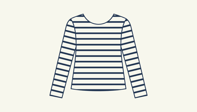Classic white long-sleeved sailor style breton shirt with horizontal navy blue stripes shown flat on a cream background.
