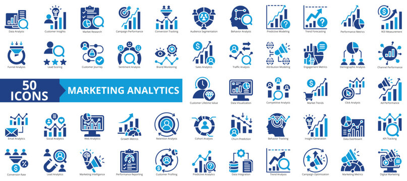 marketing analytics  icon pack flat illustration contains churn prediction, click, cohort, sentiment, analysis, dashboard, customer, journey, profiling, lead scoring, web traffic
