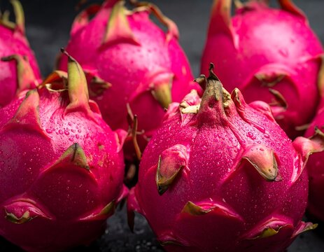 Vivid close-up displays a cluster of vibrant pink dragon fruits with their unique petal-like scales and subtle water droplets