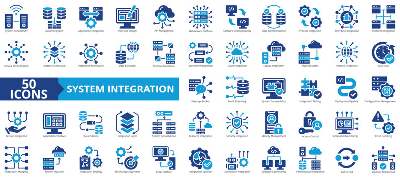 system integration icon pack flat style contains cross-platform, end-to-end, middleware platform, orchestration, event streaming, protocol translation, message broker, api management, connectivity