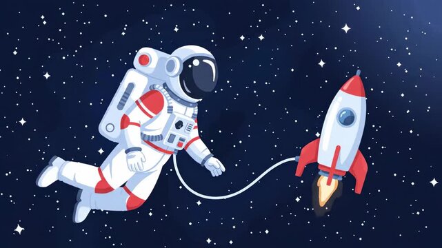 Astronaut floating in space tethered to a rocket ship exploring the cosmos.