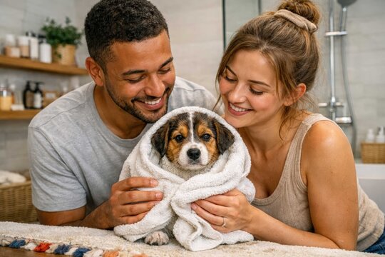 Happy multicultural couple wrapping adorable puppy in a soft towel after bath at home, celebrating loving pet care, family bonding and responsible ownership